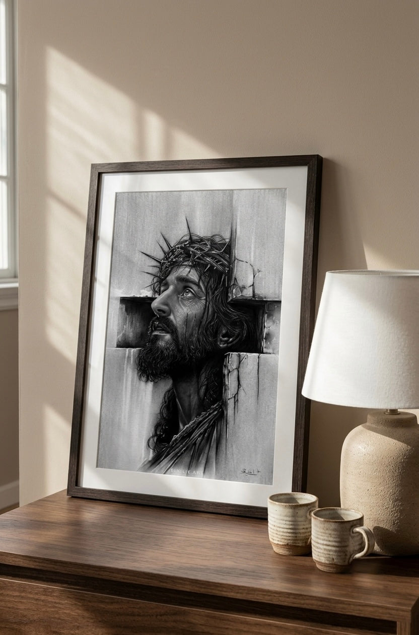 The Sacred Sacrifice – Black & White Jesus Art Print