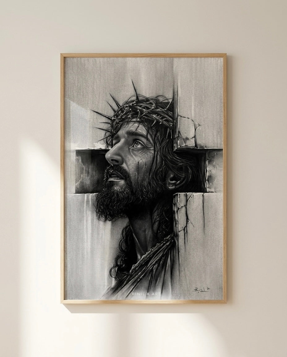 The Sacred Sacrifice – Black & White Jesus Art Print